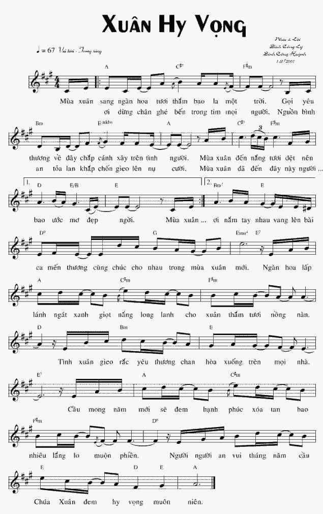 Sheet nhạc Xuân Hy Vọng